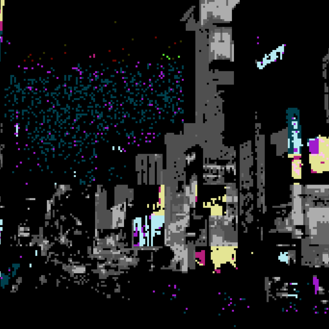 Afterlights のカバー：夜の街を描いたドット絵